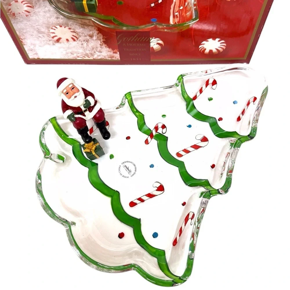 Gorham Tree Candy Dish 8” with sitting Santa Red & Green Christmas EUC